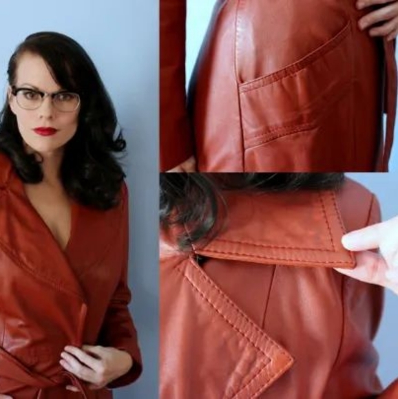Vintage Leather Trench Coat Open Tie Close Burnt Orange by  P.B.D. International - Picture 11 of 14
